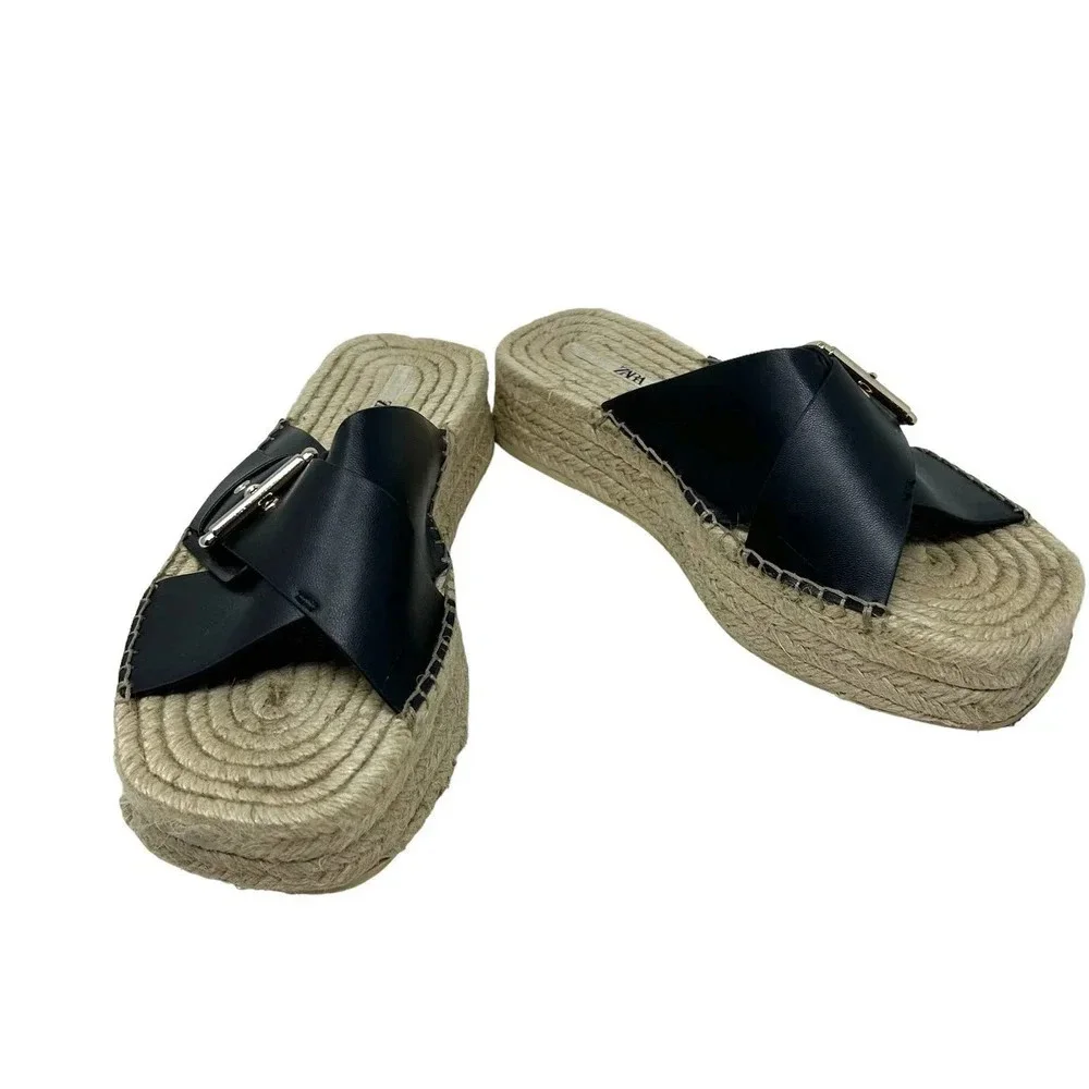 Zara Black Leather Buckle Espadrille Jute Slide Sandals Size‎ 41 / US 10.5